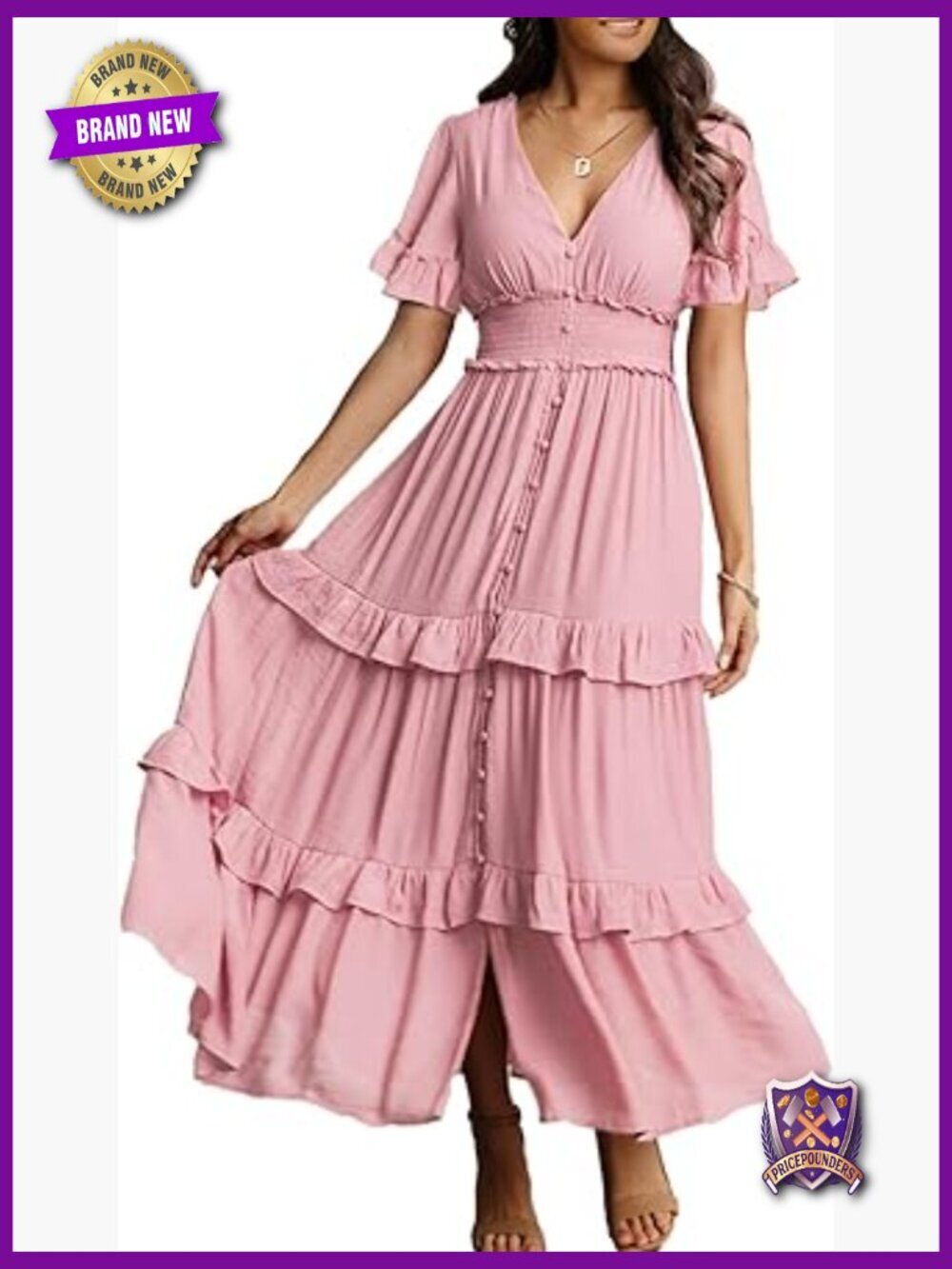 V Neck Long Sleeve Boho Maxi Dress Flowy Tiered Ruffle